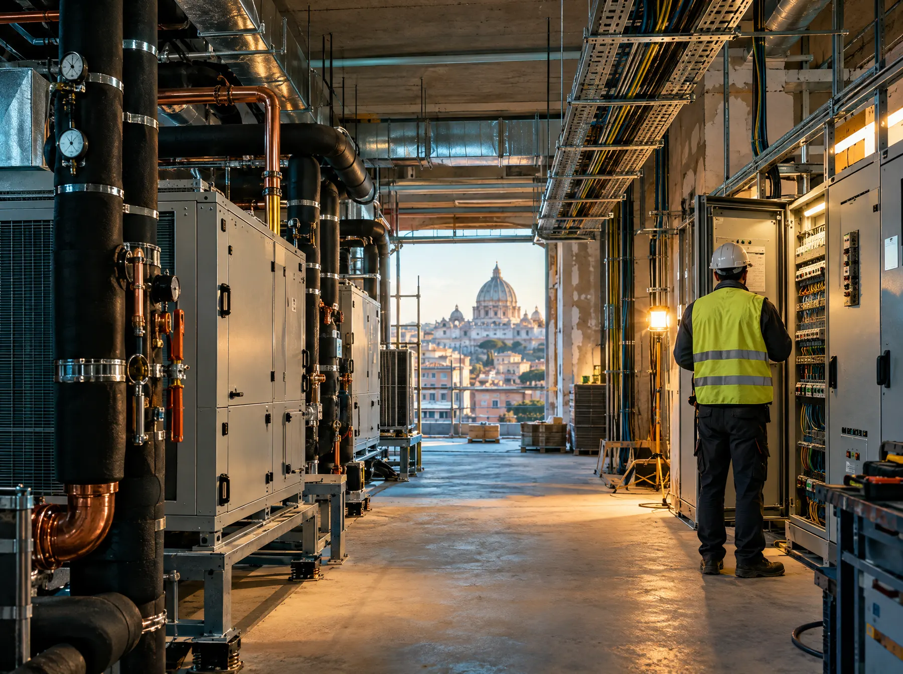 Una centrale tecnica con impianti e quadri elettrici