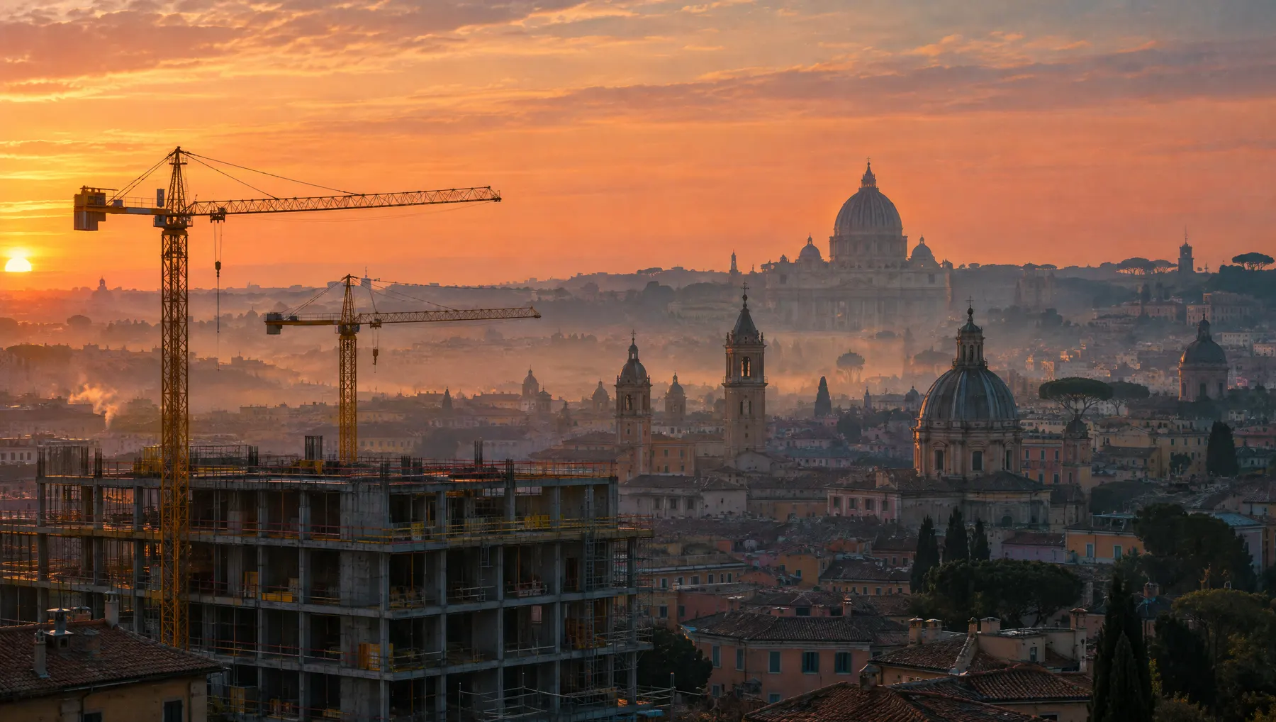 Roma all'alba: gru sui tetti e la cupola di San Pietro sullo sfondo